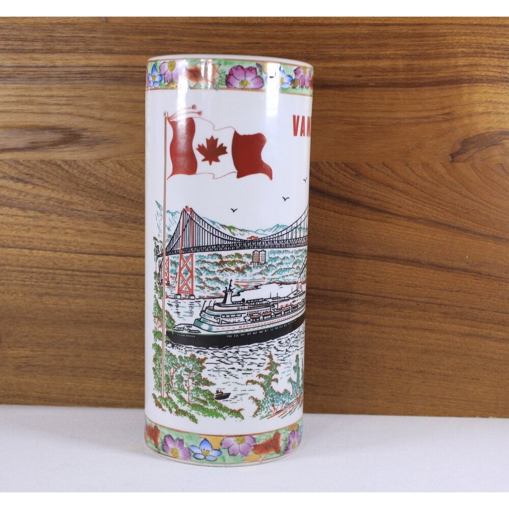 1980s VANCOUVER Chinese porcelain vase, cylinder souvenir vase, Canada BC